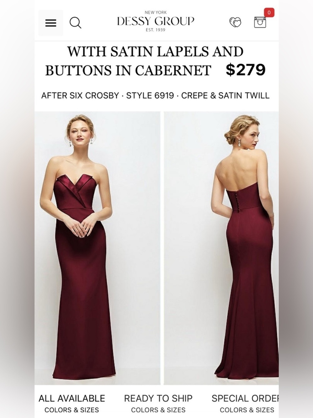 After Six Strapless Satin-Trim Gown in Cabernet